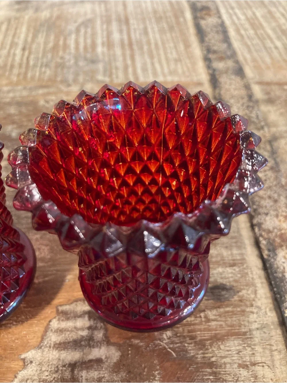 2 Pegged Glass Votive Holders Vintage Red Painted Diamond Pattern 70s-80s Decor